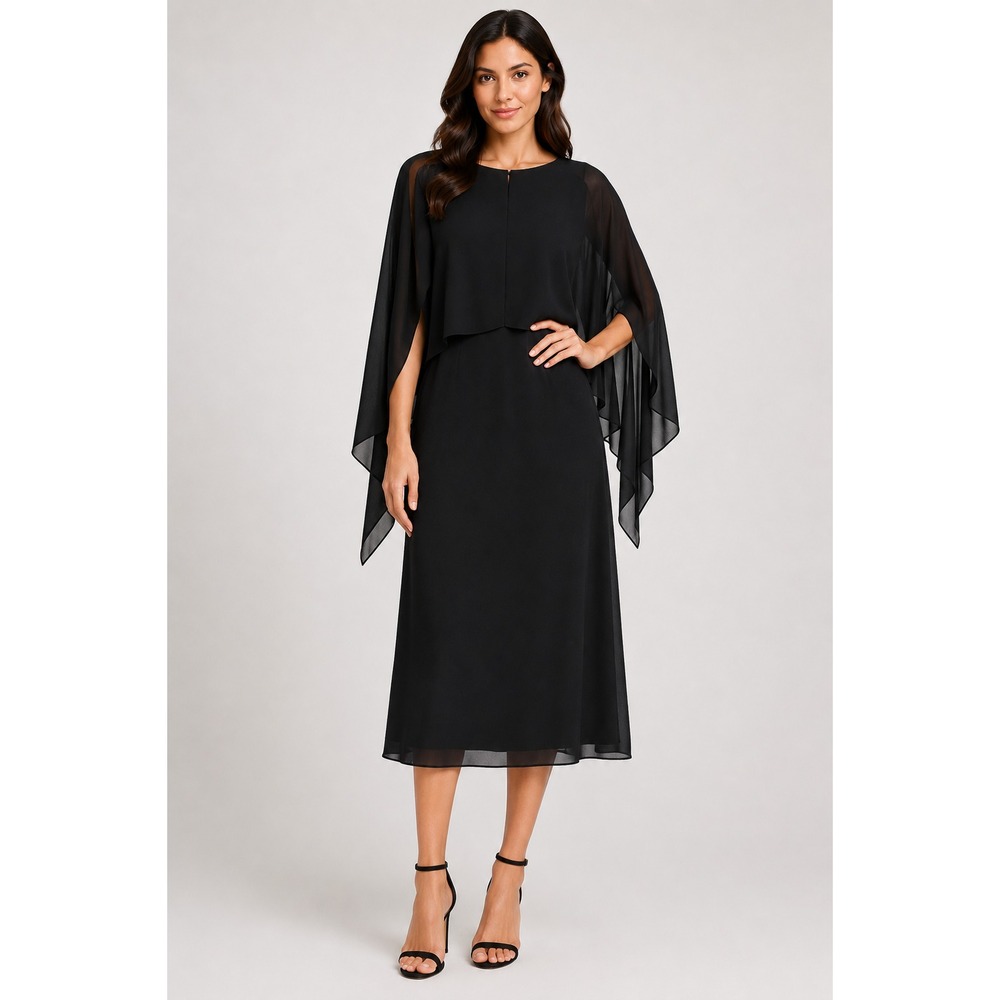 Alexia Admor Capelet Midi Dress Women L Black NEW D3872 Chiffon Overlay Formal
